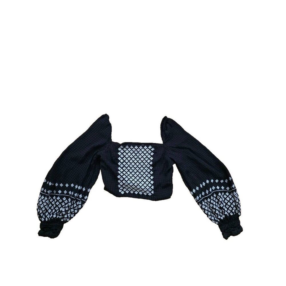 Rahi Women's Black Long-Sleeve Embroidered Square Neck Cropped Top XS A001532 - Picture 2 of 7